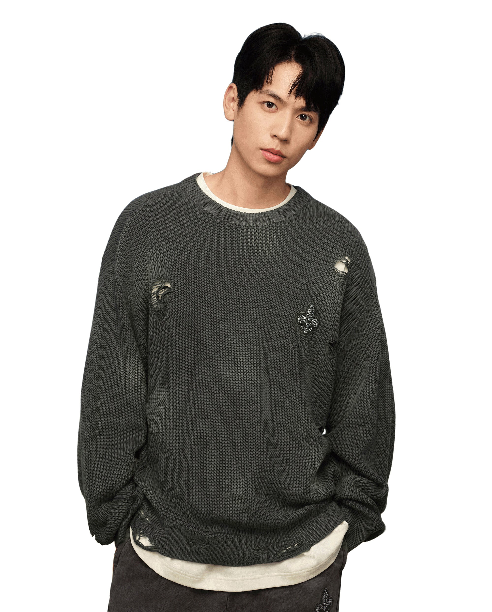 1010334-045 | MEN'S IRIS LOGO RIPPED COTTON SWEATER | DARK SHADOW