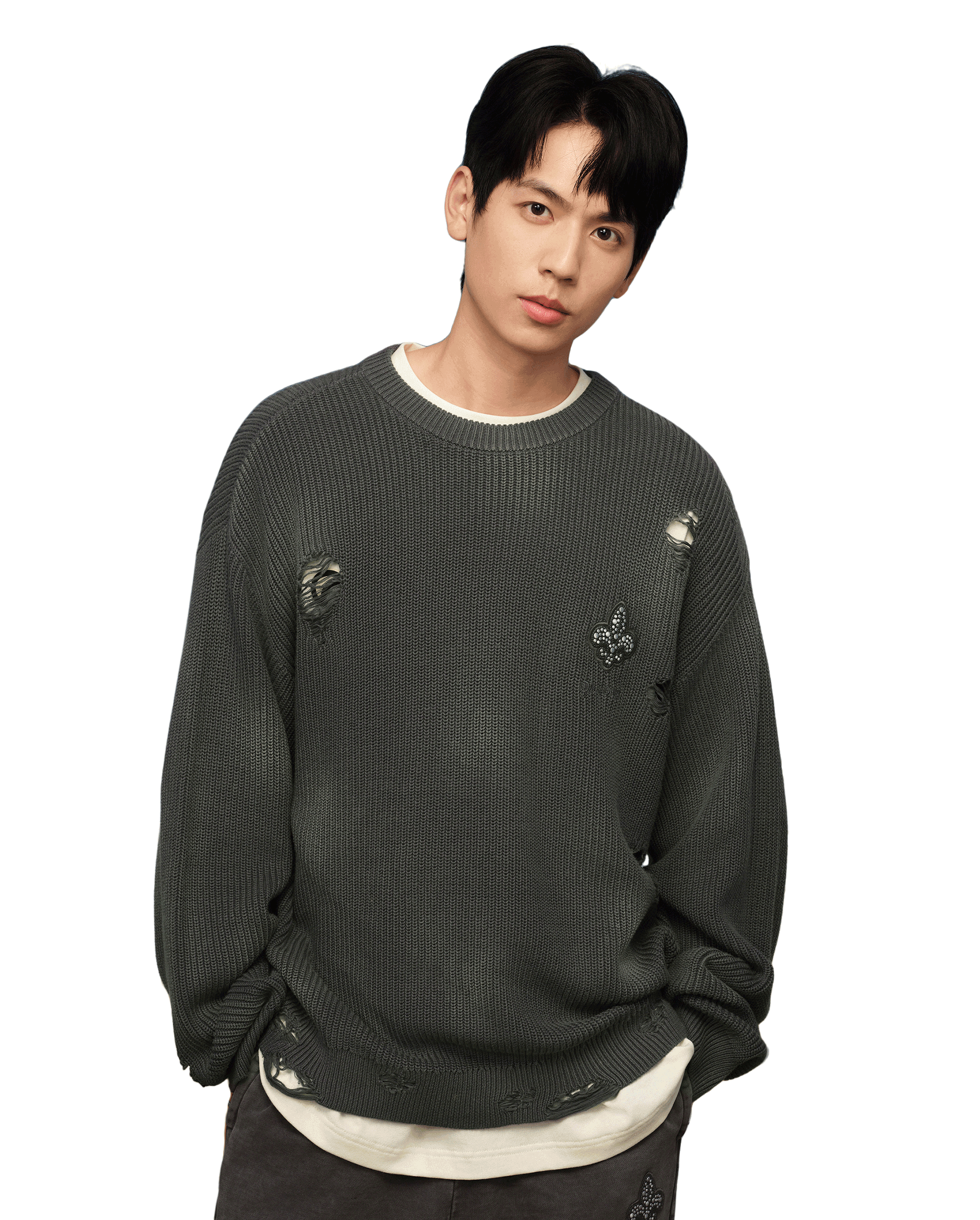 1010334-045 | MEN'S IRIS LOGO RIPPED COTTON SWEATER | DARK SHADOW