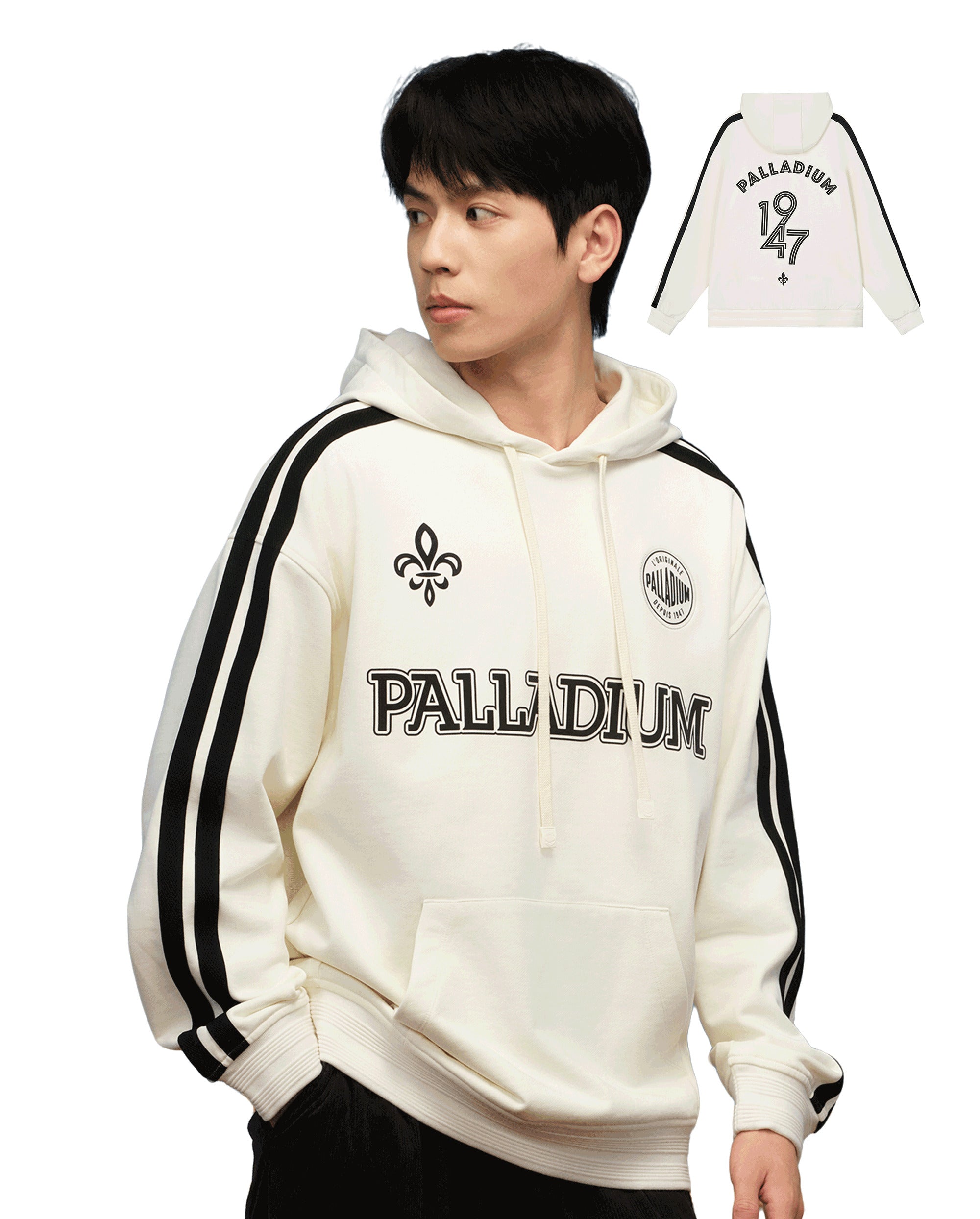 1010449-262 | MEN'S VINTAGE SIDE TAPED LOOSE FIT COTTON HOODIE | MARSHMALLOW