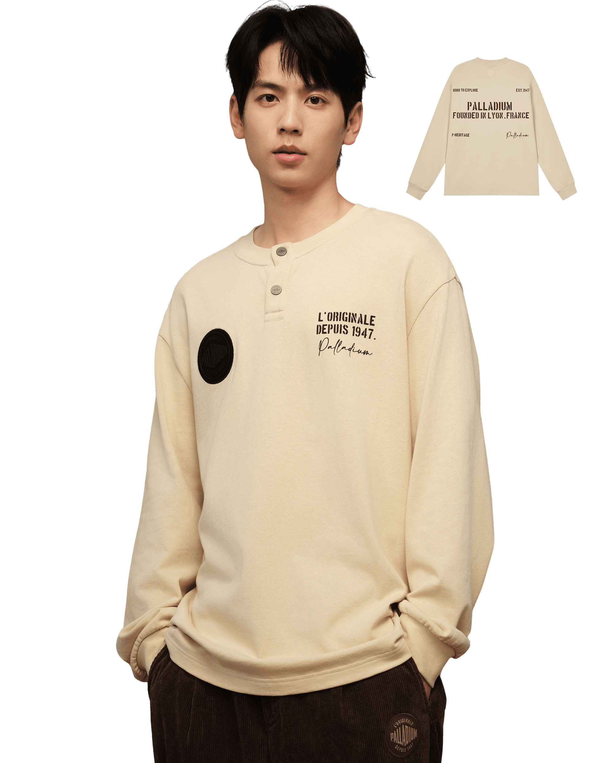 1010483-043 | MEN'S PALLADIUM LOGO LONG SLEEVES COTTON T-SHIRT | OYSTER GRAY