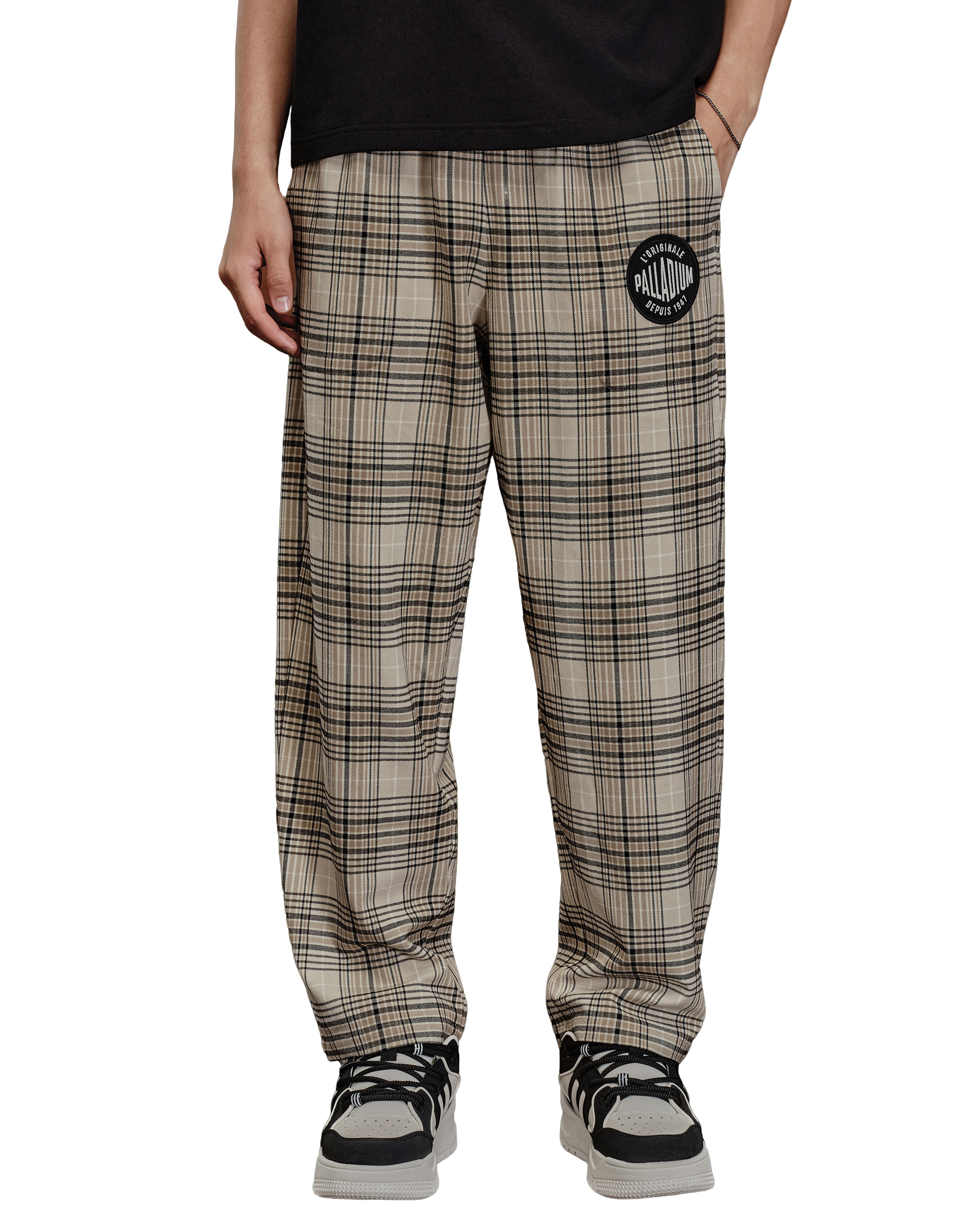 1010509-818 | MEN'S EMBROIDERED PALLADIUM LOGO CHECKED PANTS | BLACK/KHAKI/GREY