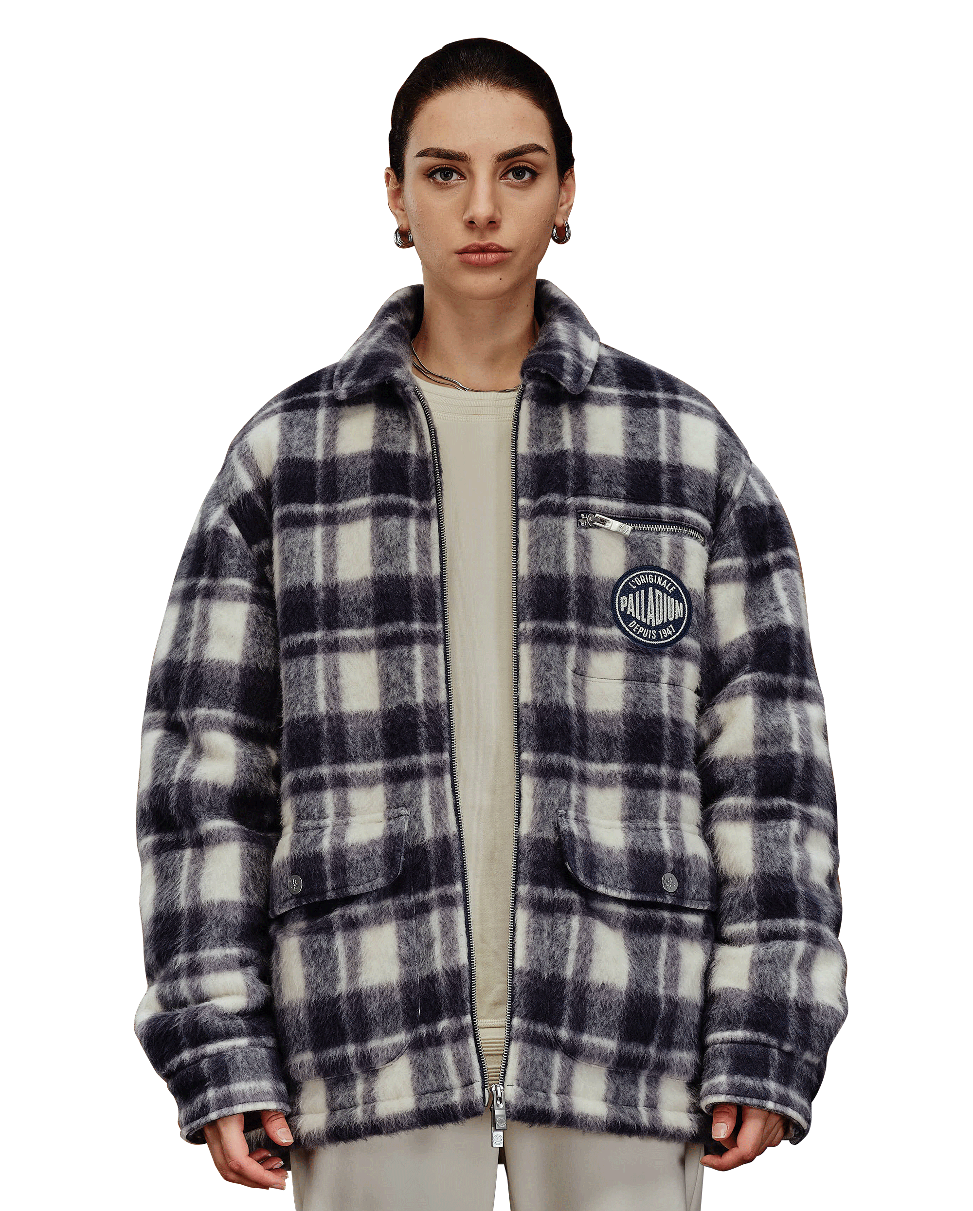 1010539-179 | MEN'S PALLADIUM LOGO CHECKED JACKET | WHITE/BLACK/GRAY