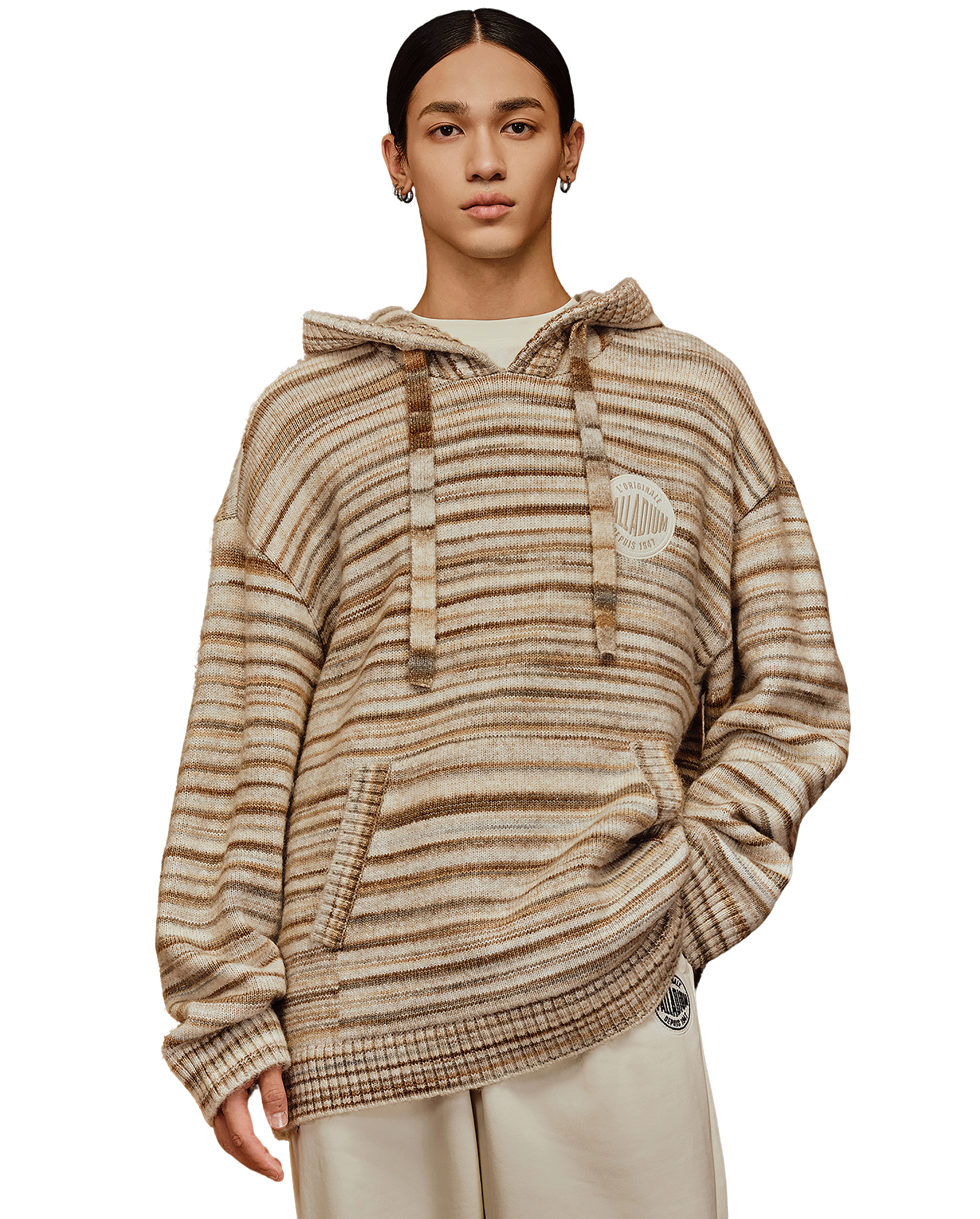 1010676-741 | MEN'S PALLADIUM LOGO STRIPED HOODED SWEATER | KHAKI/WHITE