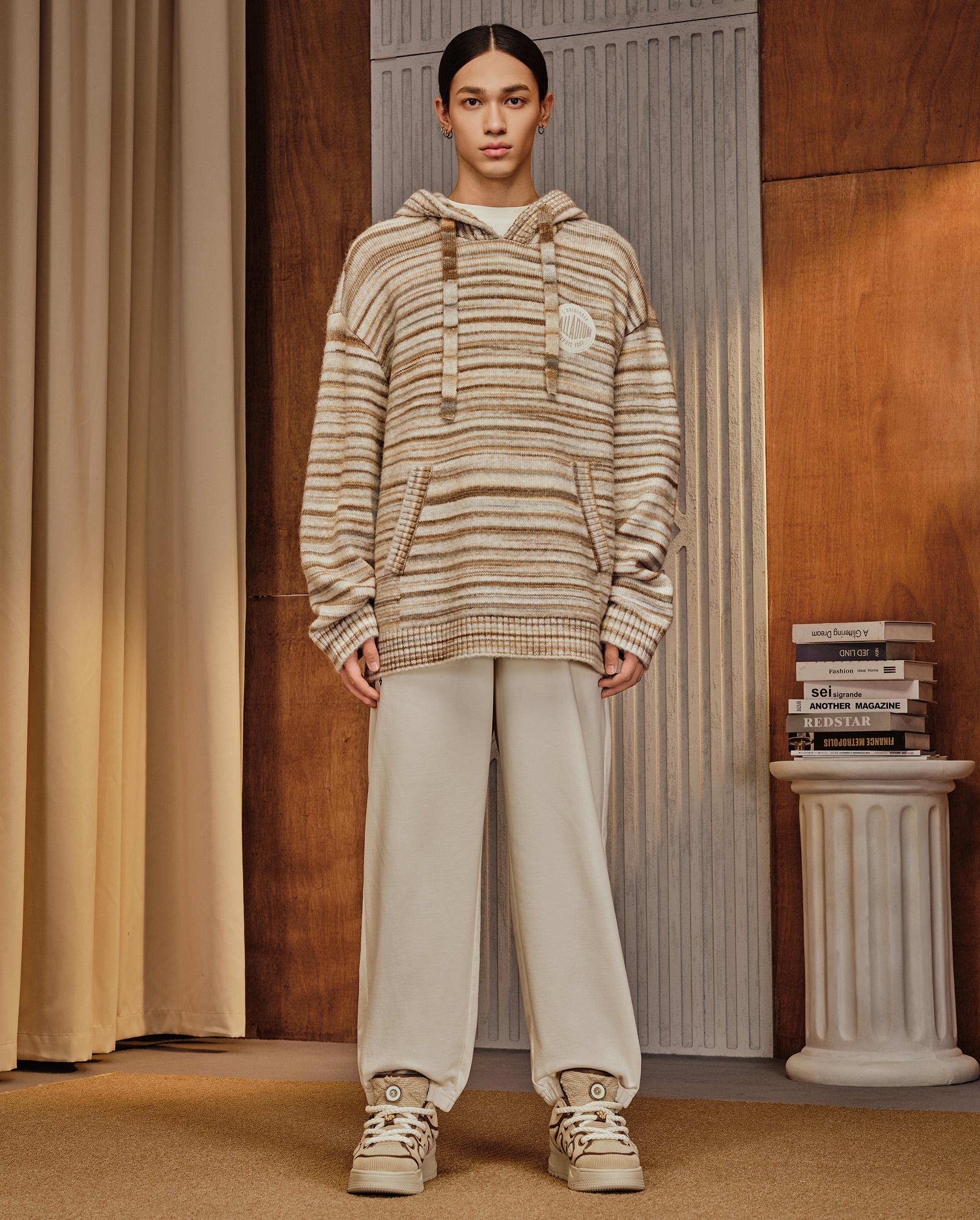 1010676-741 | MEN'S PALLADIUM LOGO STRIPED HOODED SWEATER | KHAKI/WHITE