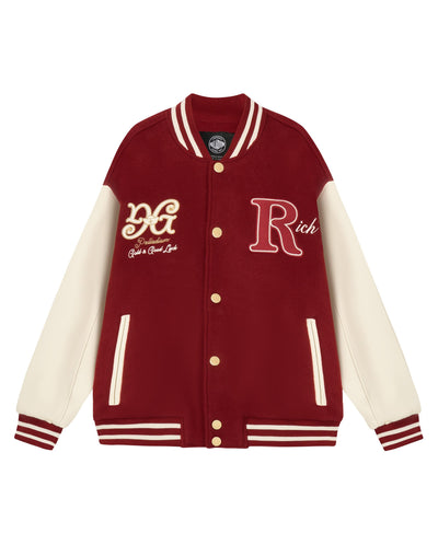 1011266-611 | MEN'S RICH LOGO LOOSE FIT VARSITY JACKET | SUN-DRIED TOMATO