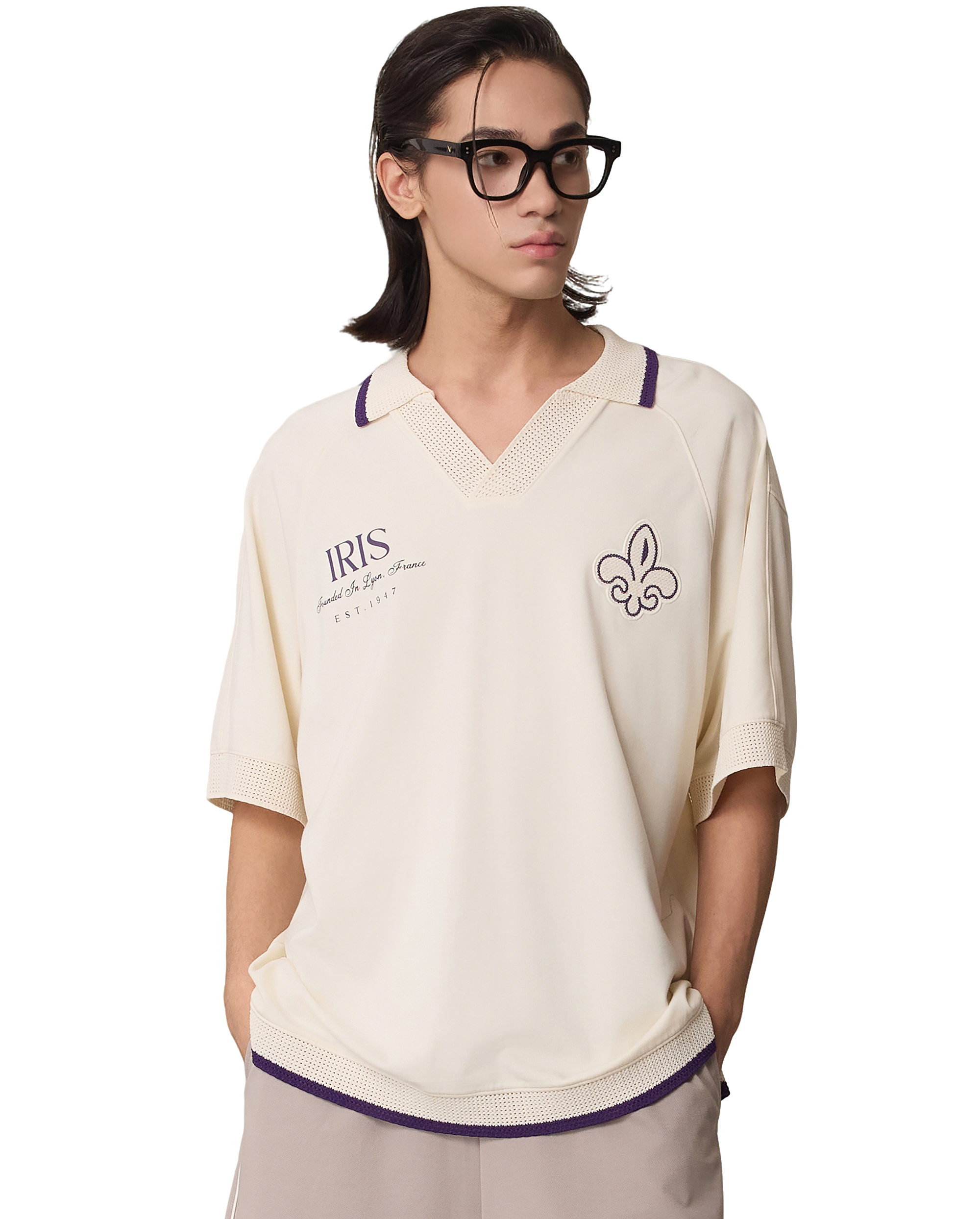1011320-232 | MEN'S IRIS LOGO LOOSE FIT V-NECK POLO SHIRT | VANILLA ICE