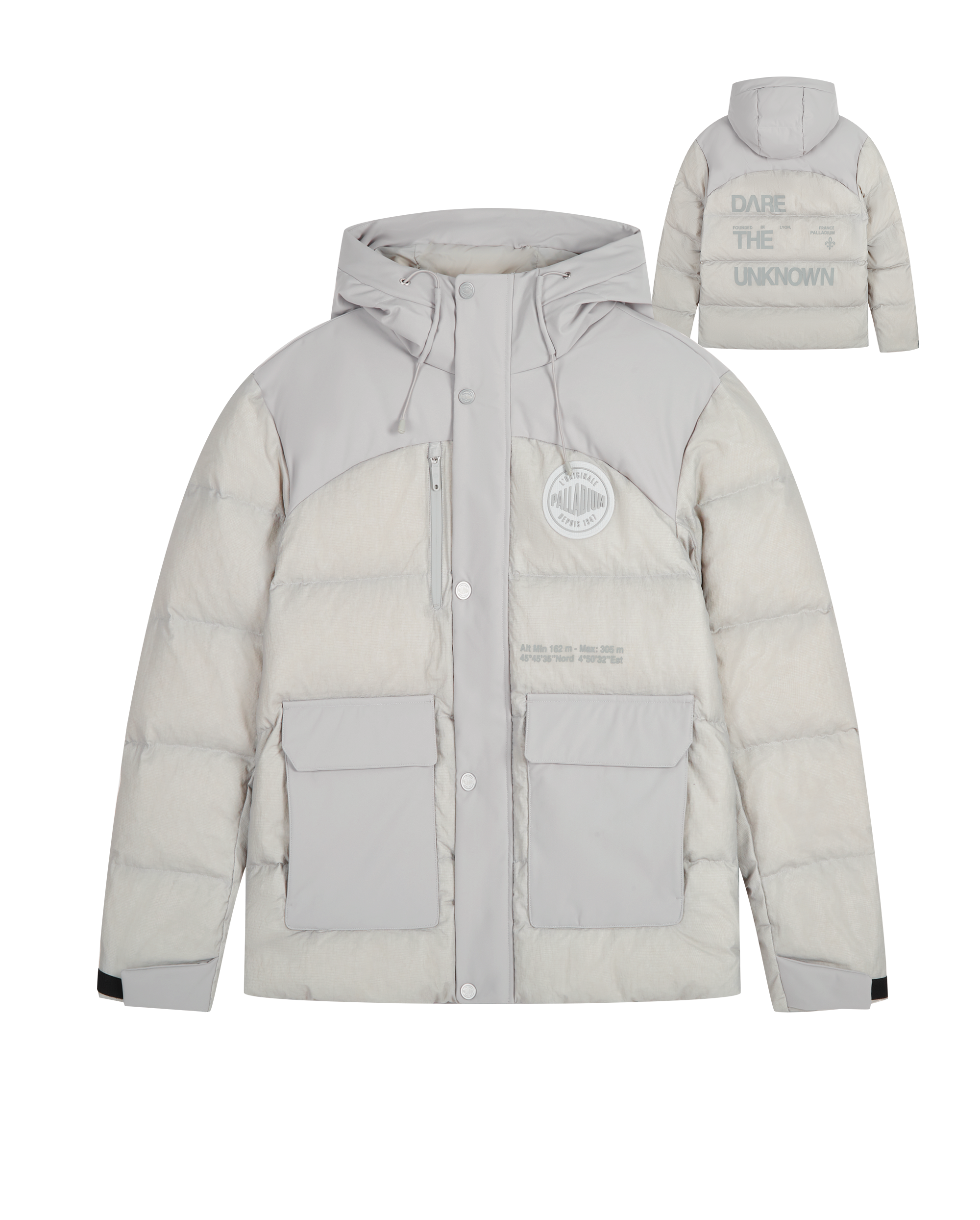 1011815-075 | MEN'S PALLADIUM LOGO HOODED DOWN JACKET | GHOST GRAY