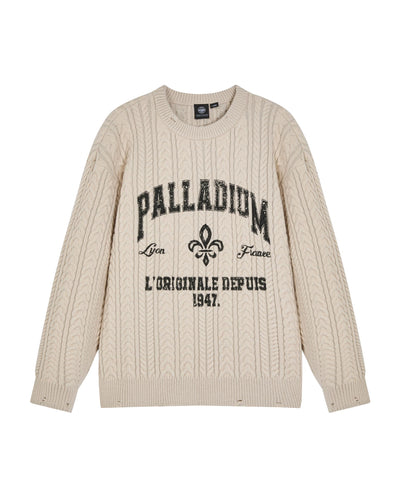 1011836-244 | MEN'S PALLADIUM LOGO RIPPED CABLE-KINT SWEATER | WHITECAP GRAY