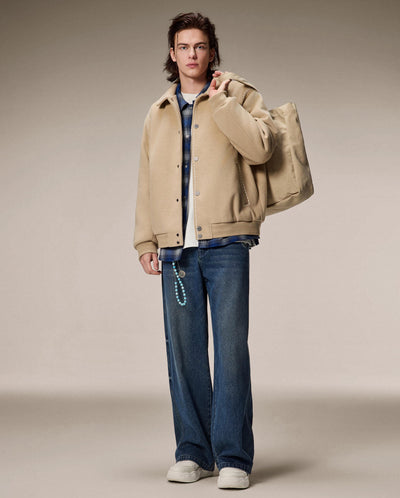 1012756-225 | MEN'S LOGO LOOSE FIT TOP-STITCHING FLEECE JACKET | WHITE PEPPER