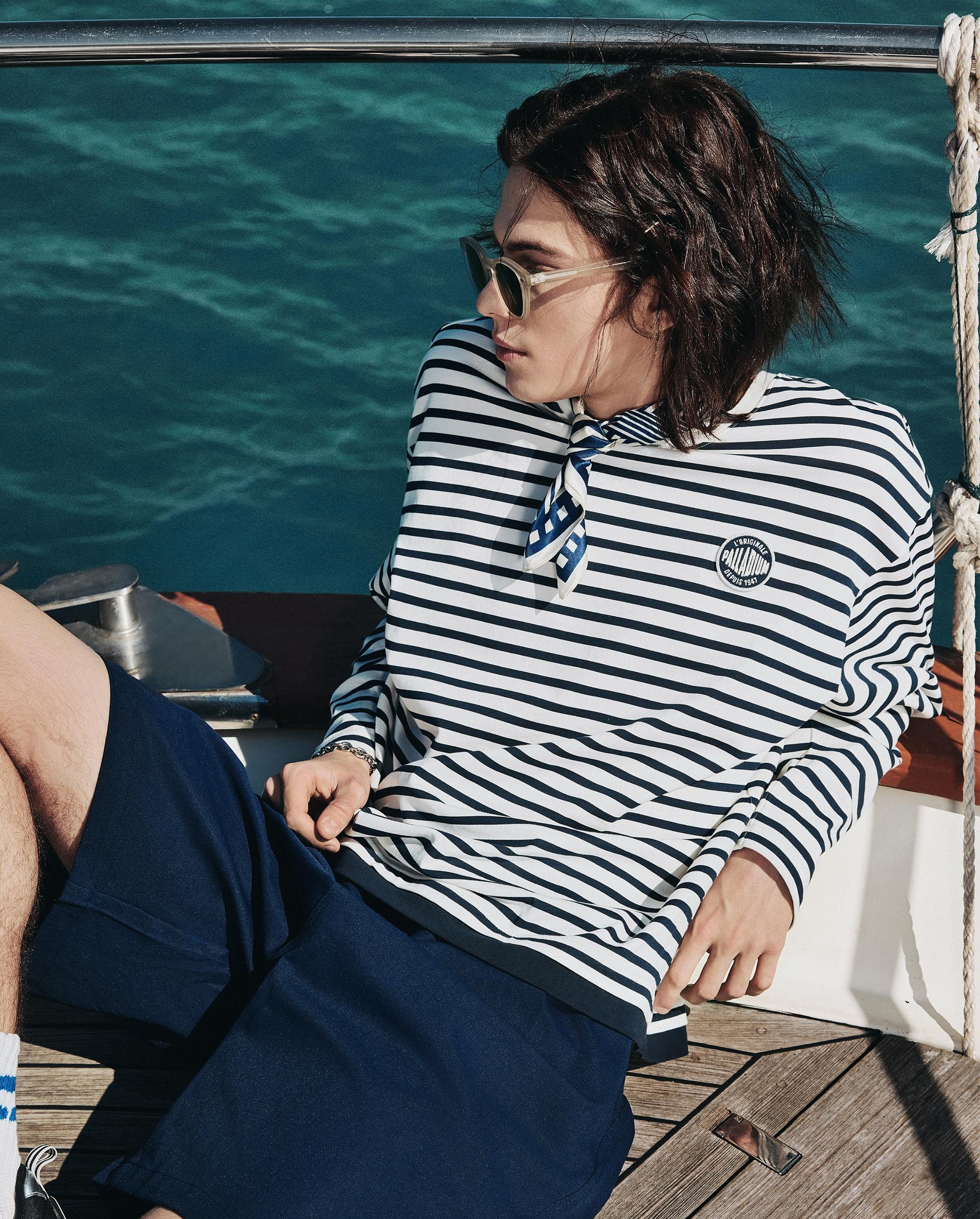 1012793-571 | MEN'S STRIPE LOOSE FIT COTTON LONG SLEEVES T-SHIRT | BU/BK/WT