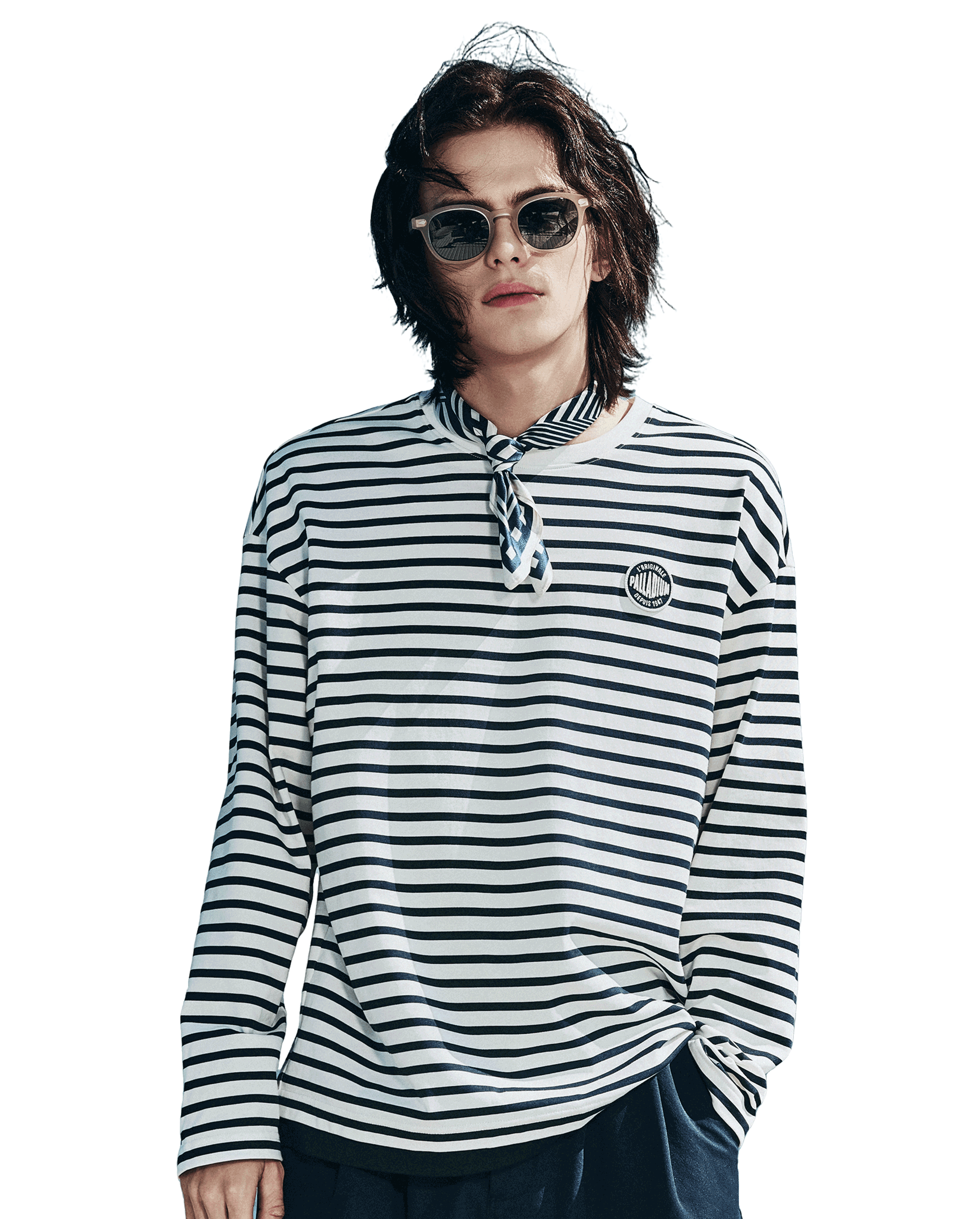1012793-571 | MEN'S STRIPE LOOSE FIT COTTON LONG SLEEVES T-SHIRT | BU/BK/WT
