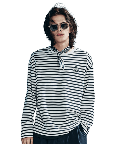 1012793-571 | MEN'S STRIPE LOOSE FIT COTTON LONG SLEEVES T-SHIRT | BU/BK/WT