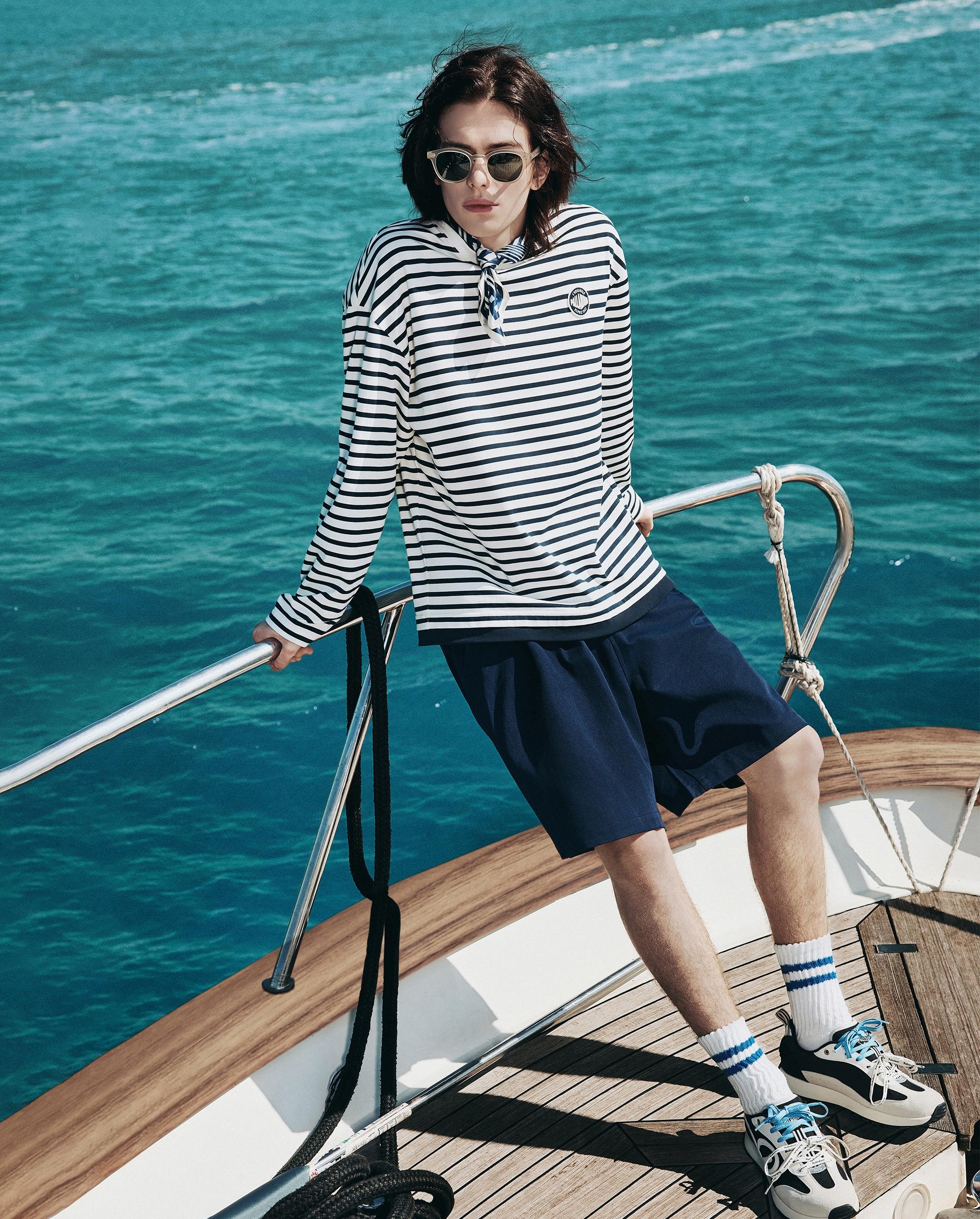 1012793-571 | MEN'S STRIPE LOOSE FIT COTTON LONG SLEEVES T-SHIRT | BU/BK/WT