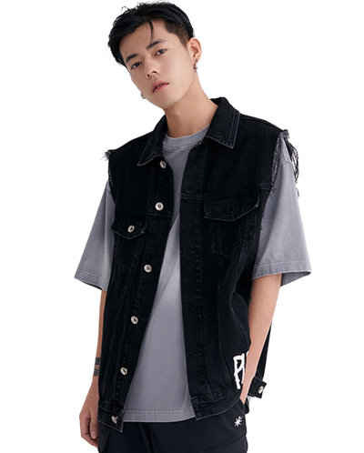 106961-008 | MEN'S PLDM LOGO COTTOM DENIM VEST JACKET | BLACK