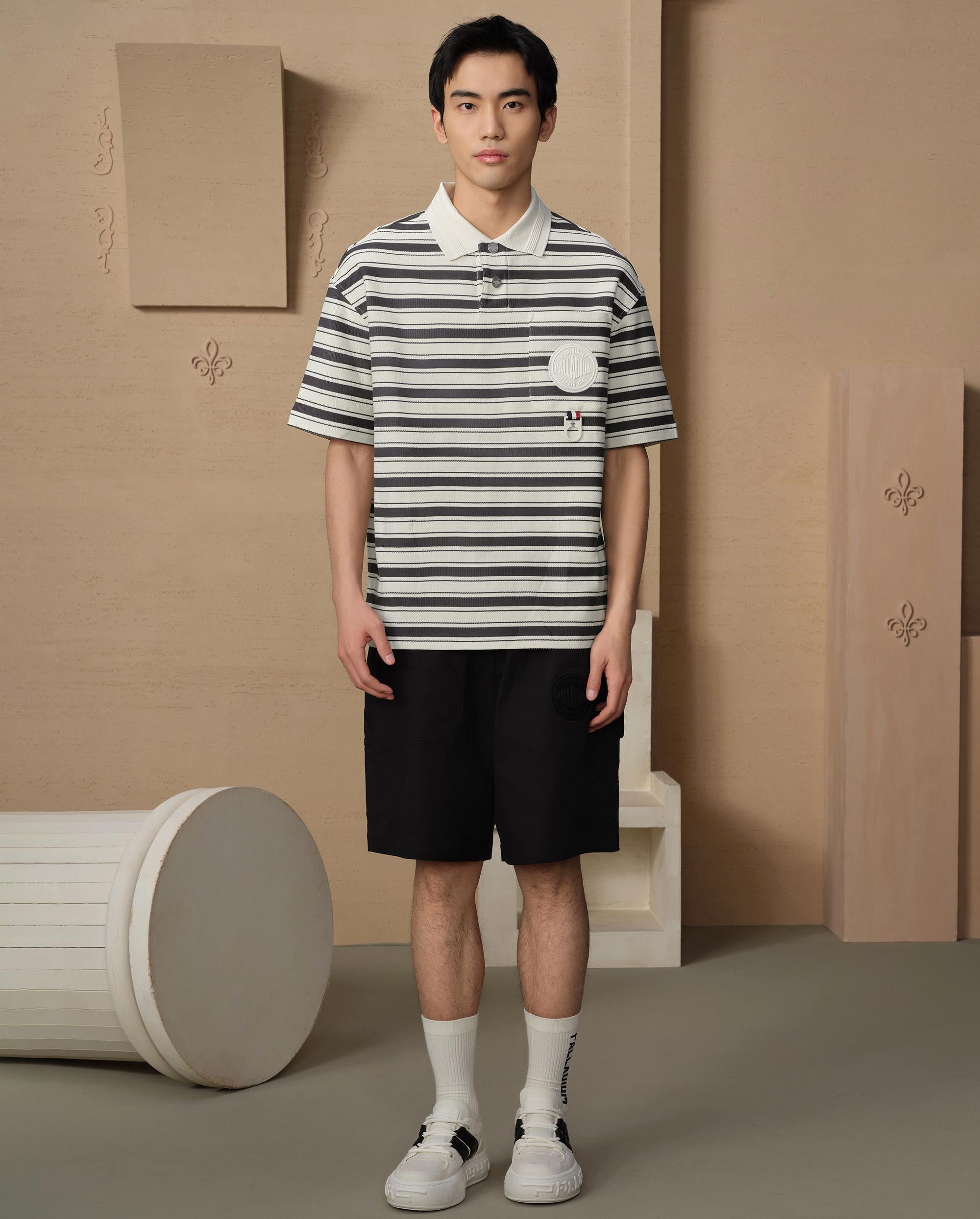 109685-811 | MEN'S PALLADIUM LOGO STRIPED COTTON POLO SHIRT | GREY/WIHTE