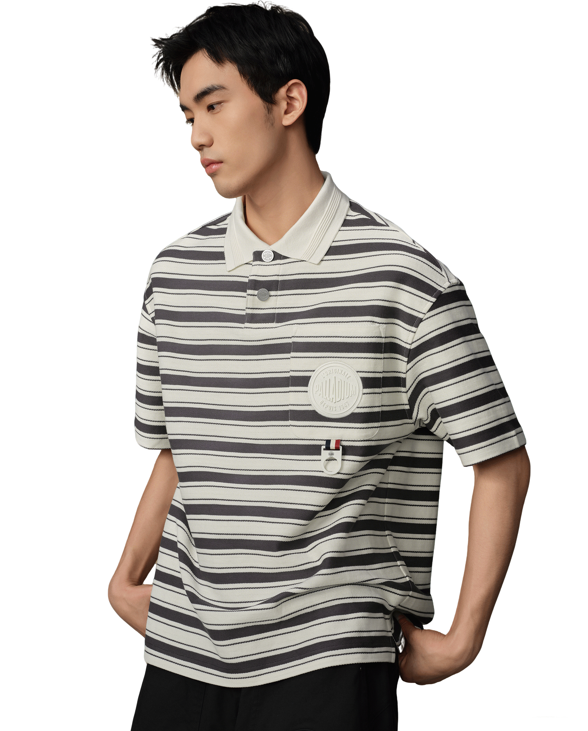 109685-811 | MEN'S PALLADIUM LOGO STRIPED COTTON POLO SHIRT | GREY/WIHTE