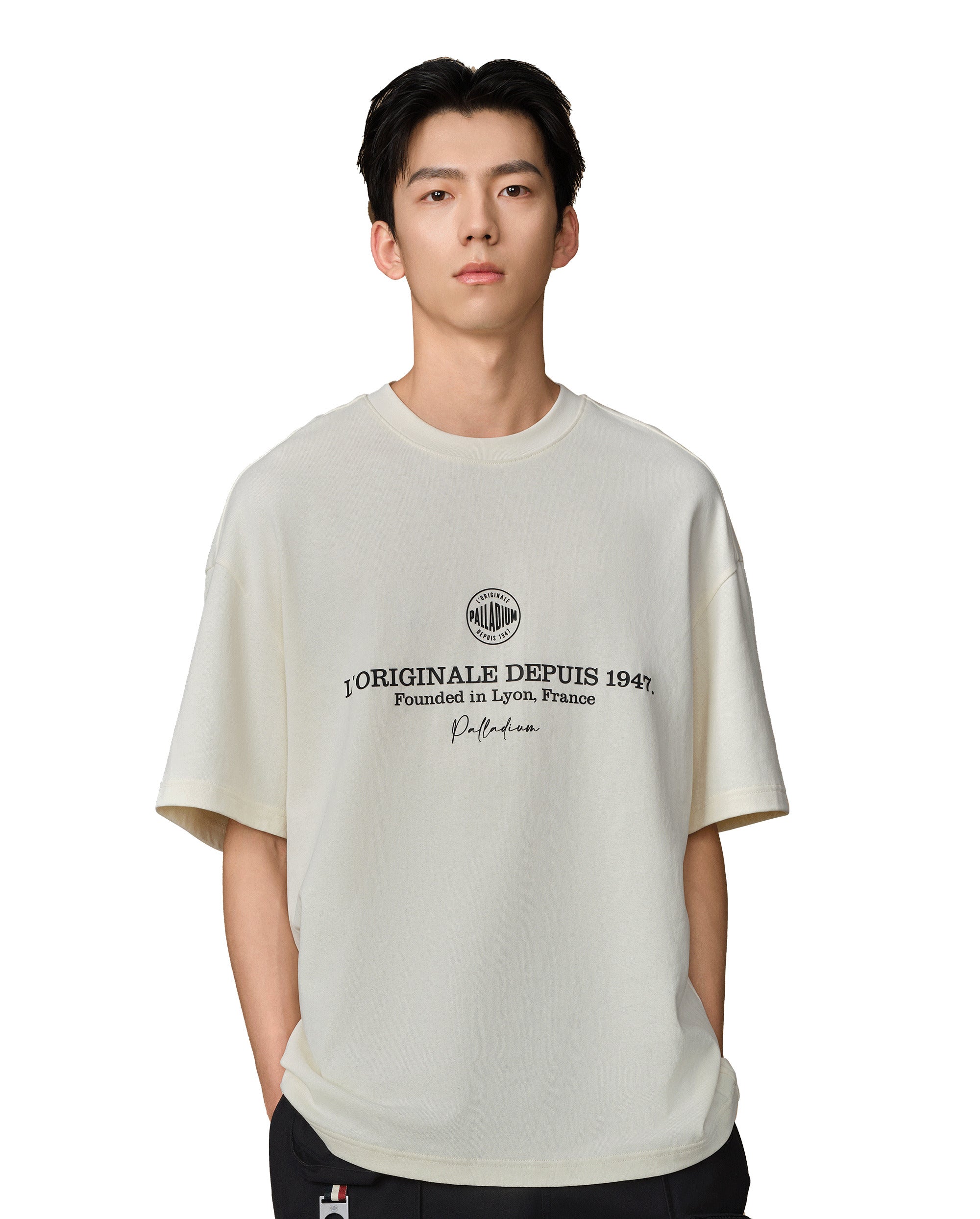 109815-232 | MEN'S PALLADIUM LOGO LOOSE FIT COTTON T-SHIRT | VANILLA ICE