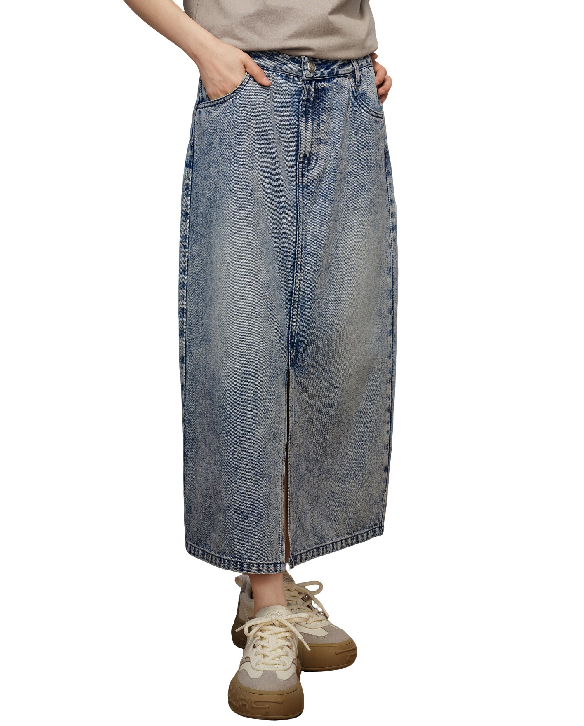 1910440-452 | WOMEN'S WASHED DENIM MIDI SKIRT | MATT GREY BLUE