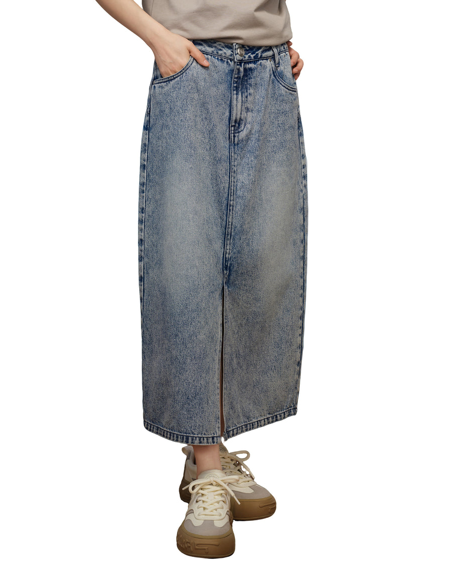 1910440-452 | WOMEN'S WASHED DENIM MIDI SKIRT | MATT GREY BLUE