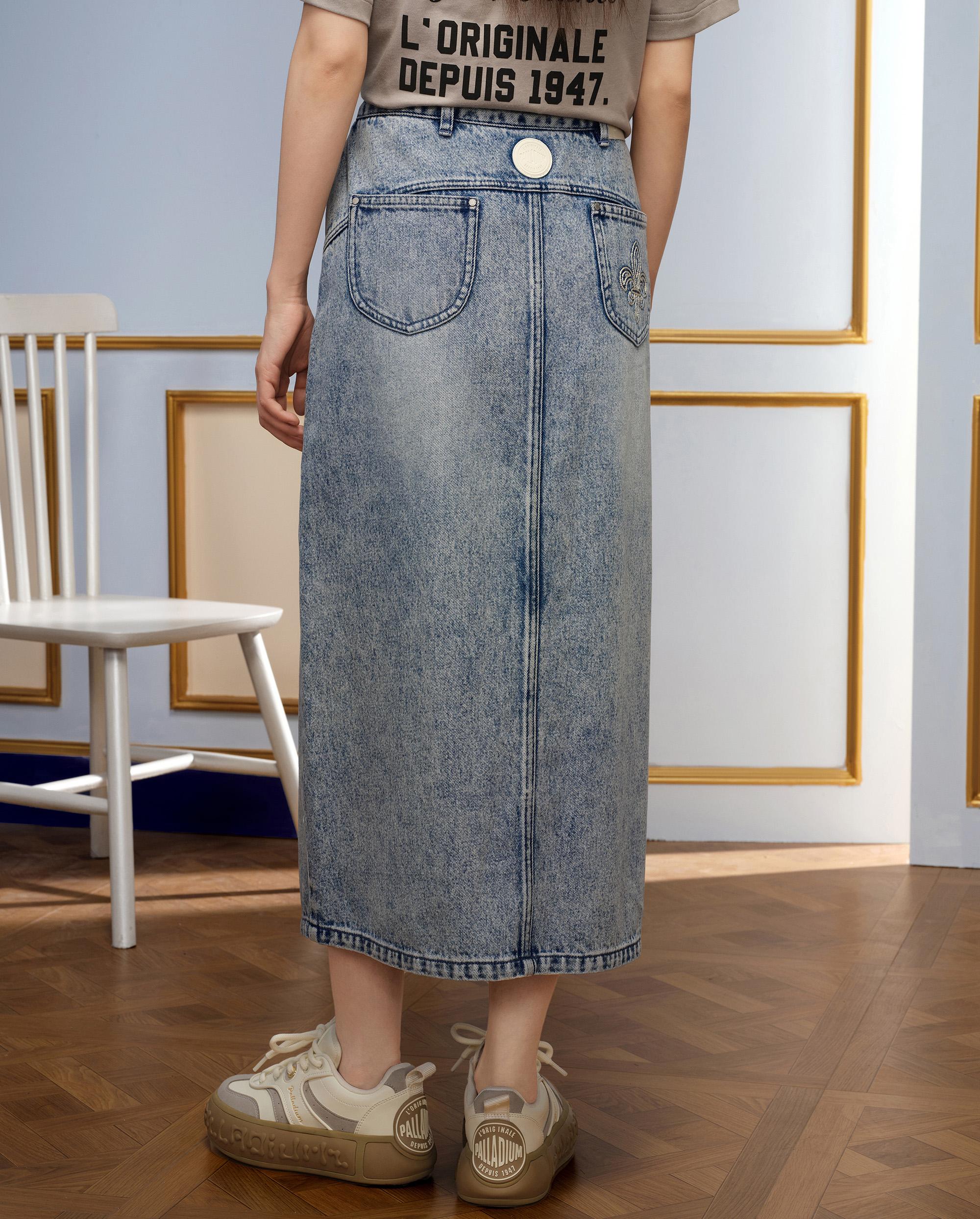 1910440-452 | WOMEN'S WASHED DENIM MIDI SKIRT | MATT GREY BLUE