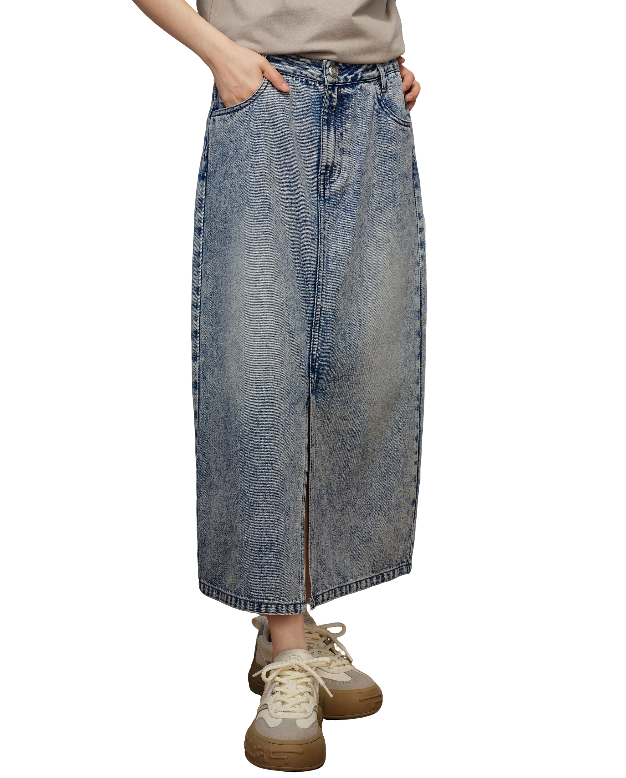 1910440-452 | WOMEN'S WASHED DENIM MIDI SKIRT | MATT GREY BLUE