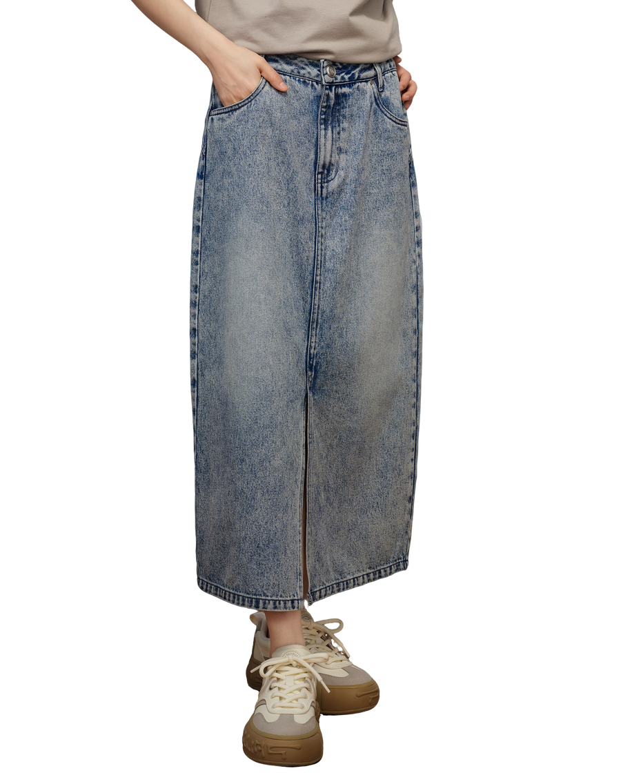 1910440-452 | WOMEN'S WASHED DENIM MIDI SKIRT | MATT GREY BLUE