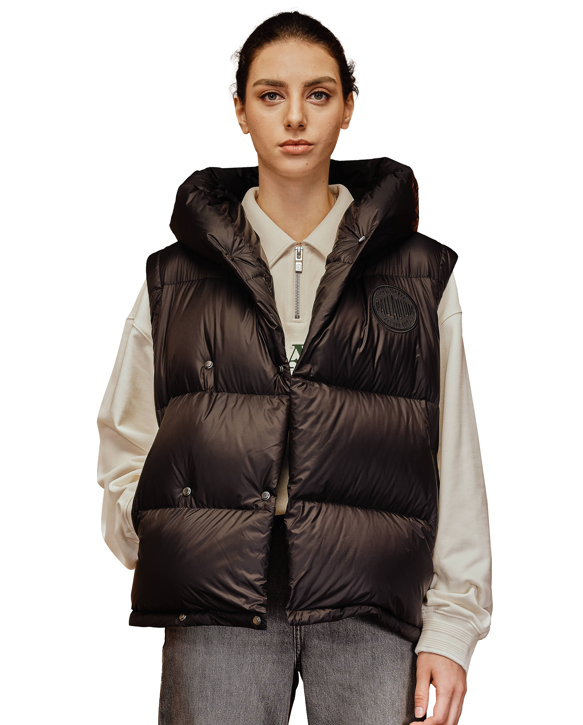 1910519-032 | WOMEN'S PALLADIUM LOGO HOODED DOWN VEST | TAP SHOE