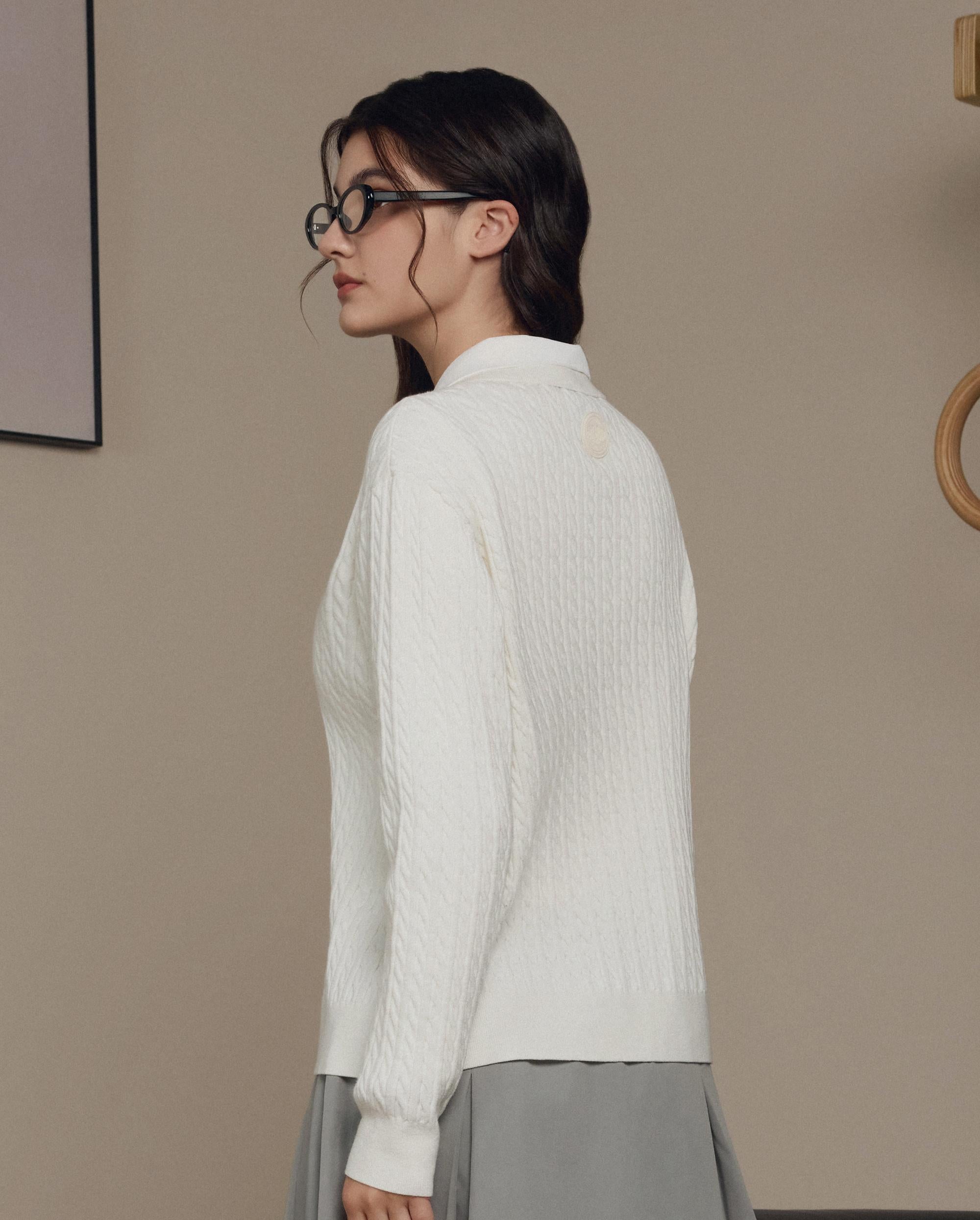 1911980-232 | WOMEN'S IRIS LOGO CABLE-KNIT POLO SWEATER | VANILLA ICE