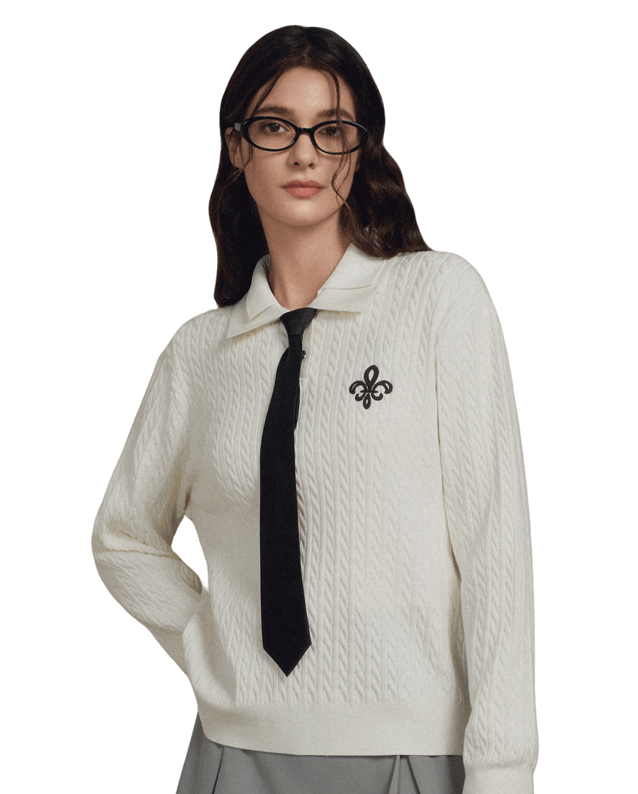 1911980-232 | WOMEN'S IRIS LOGO CABLE-KNIT POLO SWEATER | VANILLA ICE
