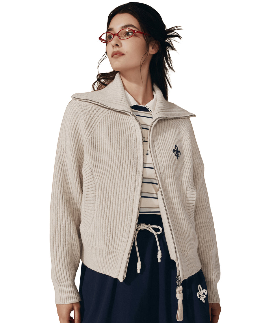 1911985-043 | WOMEN'S IRIS LOGO REVERSIBLE ZIP CARDIGAN | OYSTER GRAY