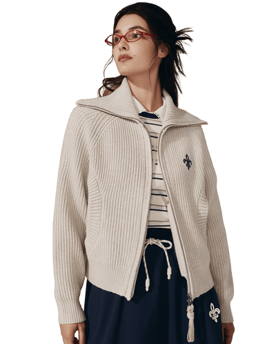 1911985-043 | WOMEN'S IRIS LOGO REVERSIBLE ZIP CROPPED CARDIGAN | OYSTER GRAY