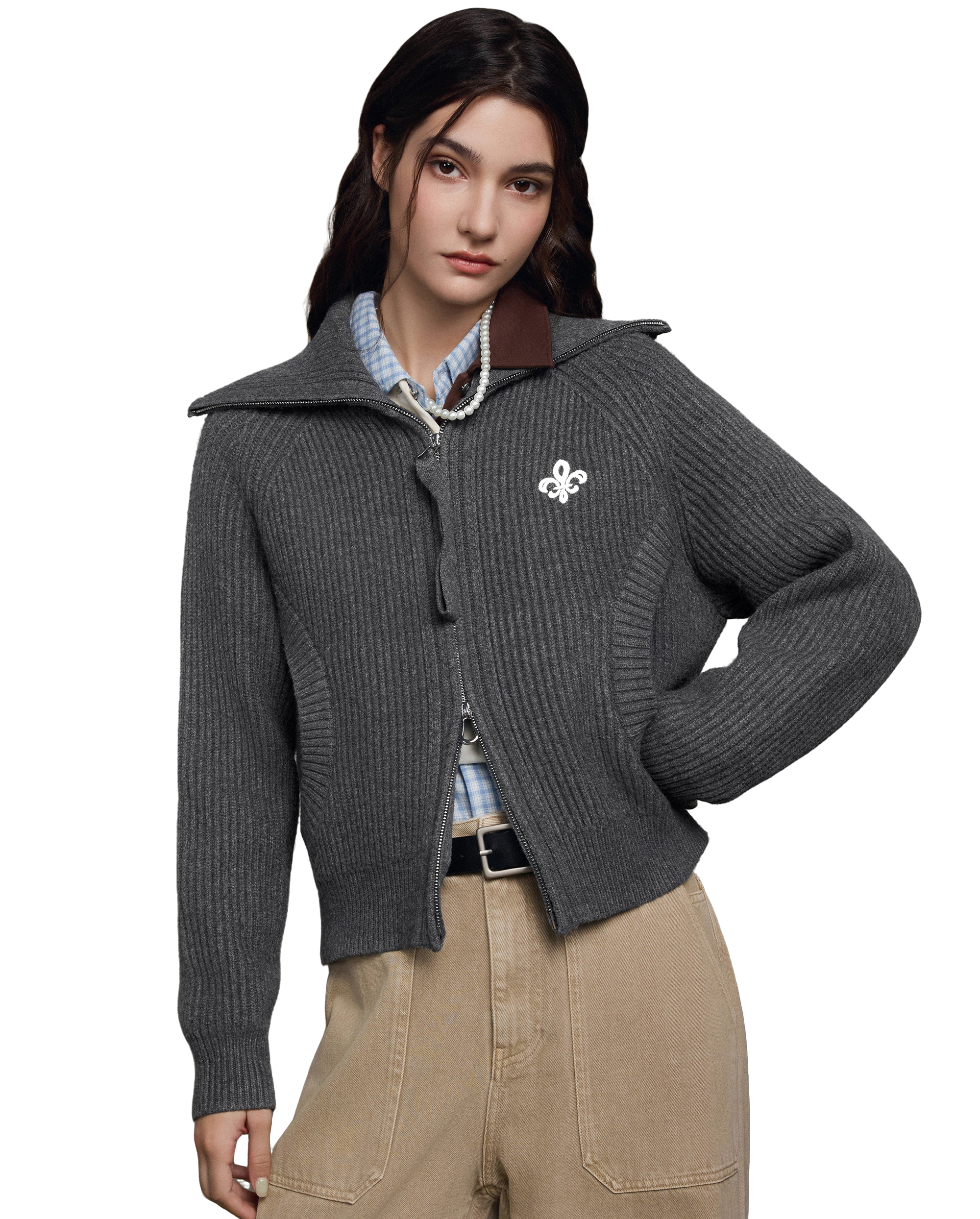 1911985-069 | WOMEN'S IRIS LOGO REVERSIBLE ZIP CARDIGAN | GRAY PINSTRIPE