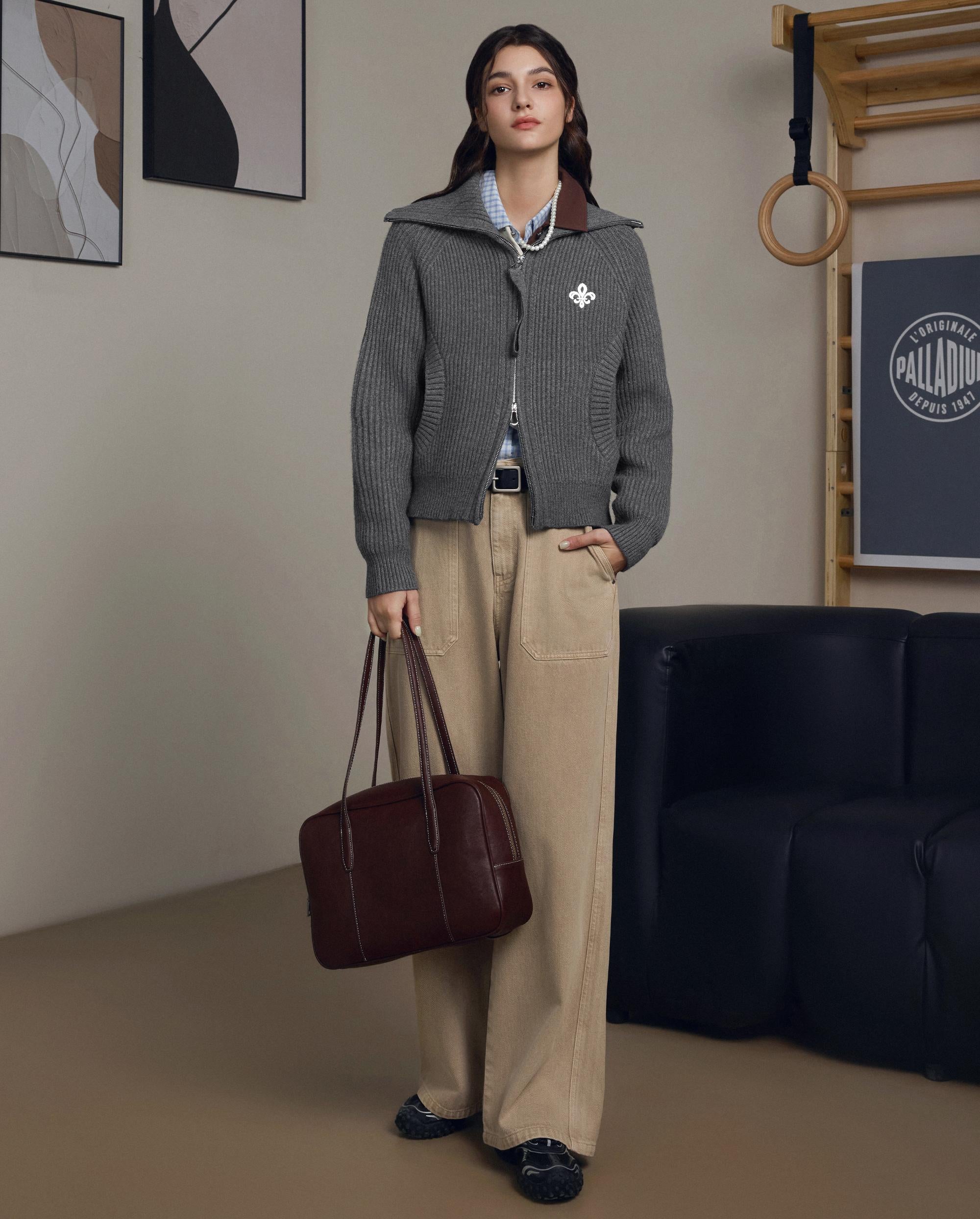 1911985-069 | WOMEN'S IRIS LOGO REVERSIBLE ZIP CARDIGAN | GRAY PINSTRIPE