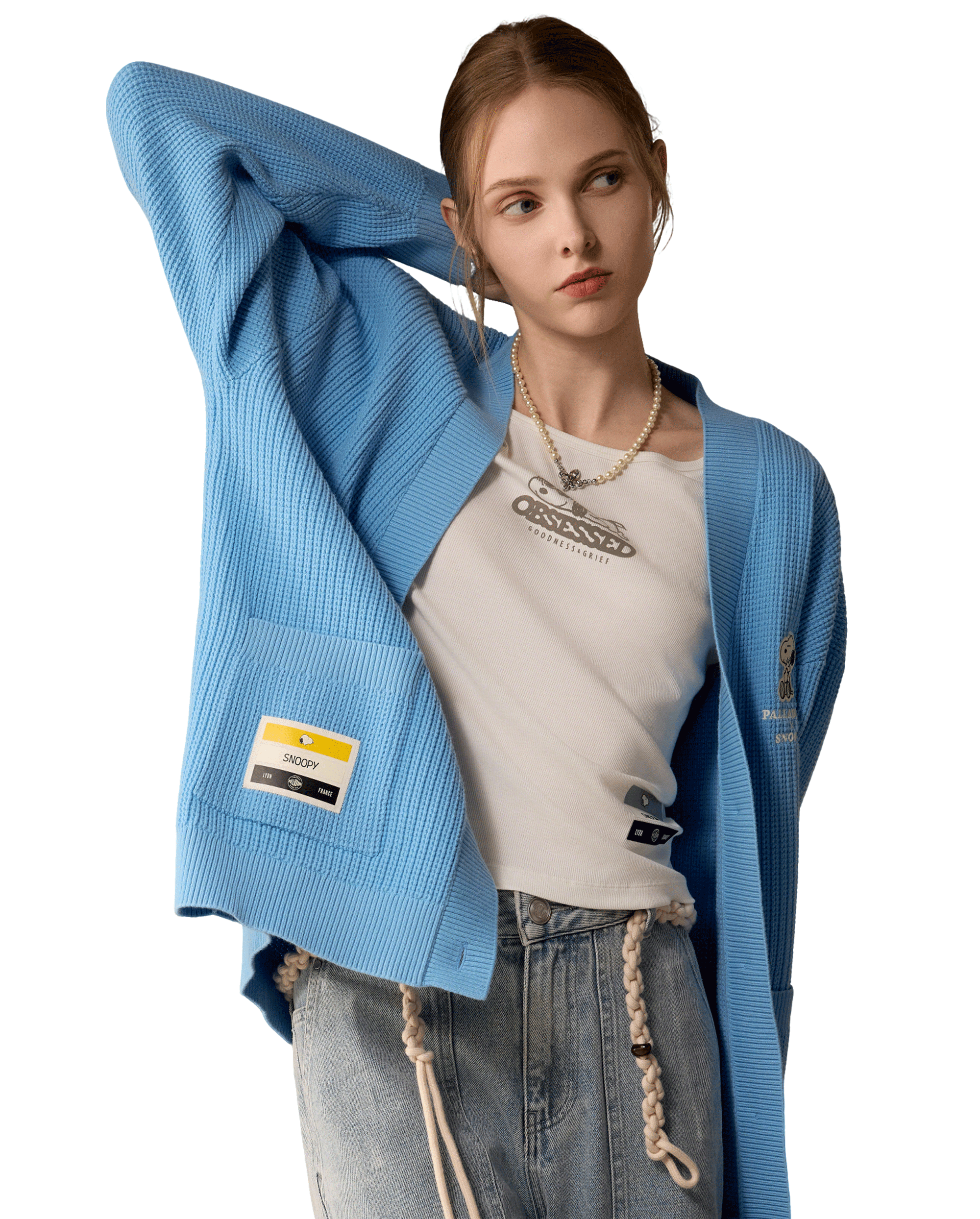 1912580-577 | PALLADIUM X SNOOPY WOMEN'S LOOSE FIT LOGO CARDIGAN | ALASKAN BLUE