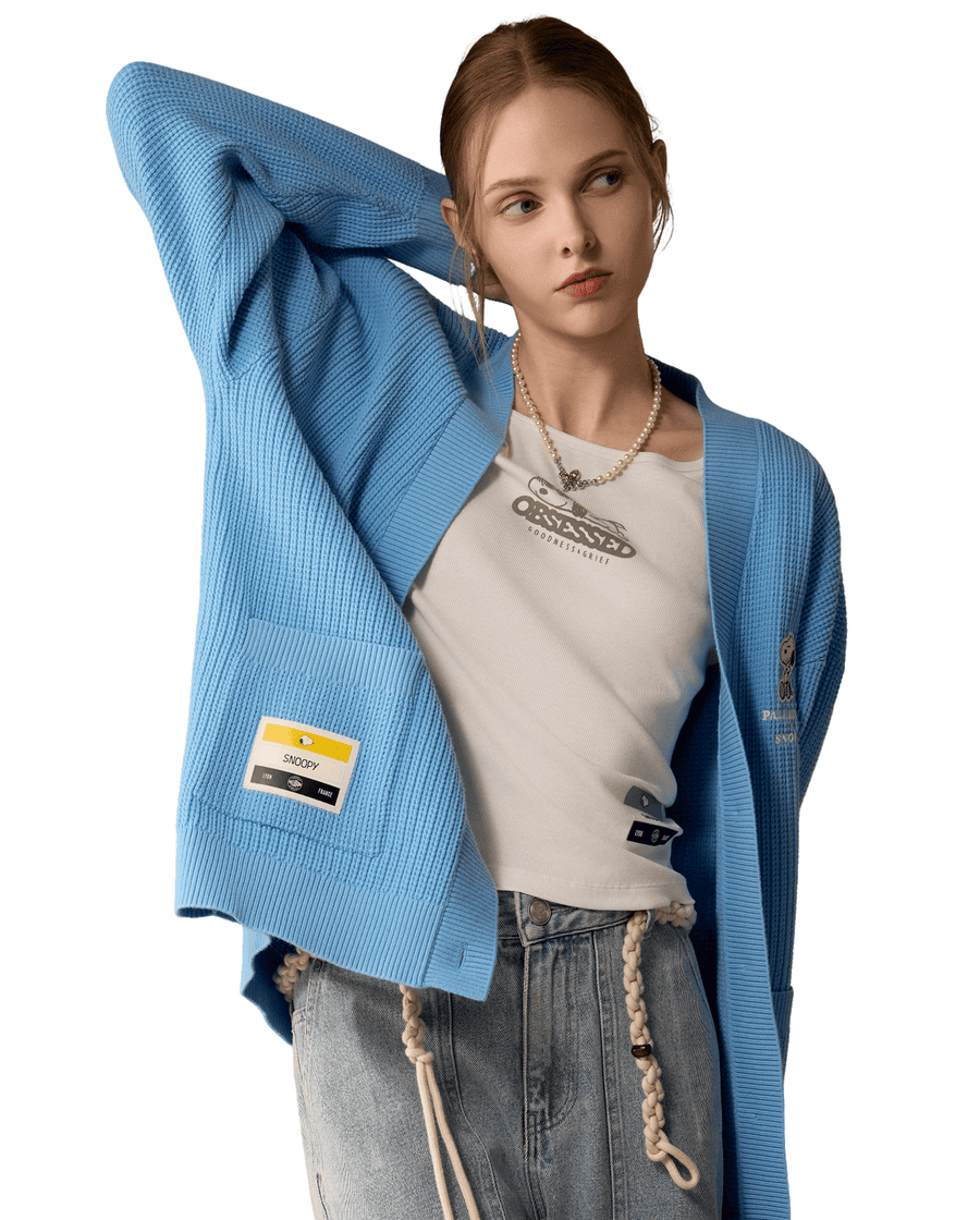1912580-577 | PALLADIUM X SNOOPY WOMEN'S LOOSE FIT LOGO CARDIGAN | ALASKAN BLUE