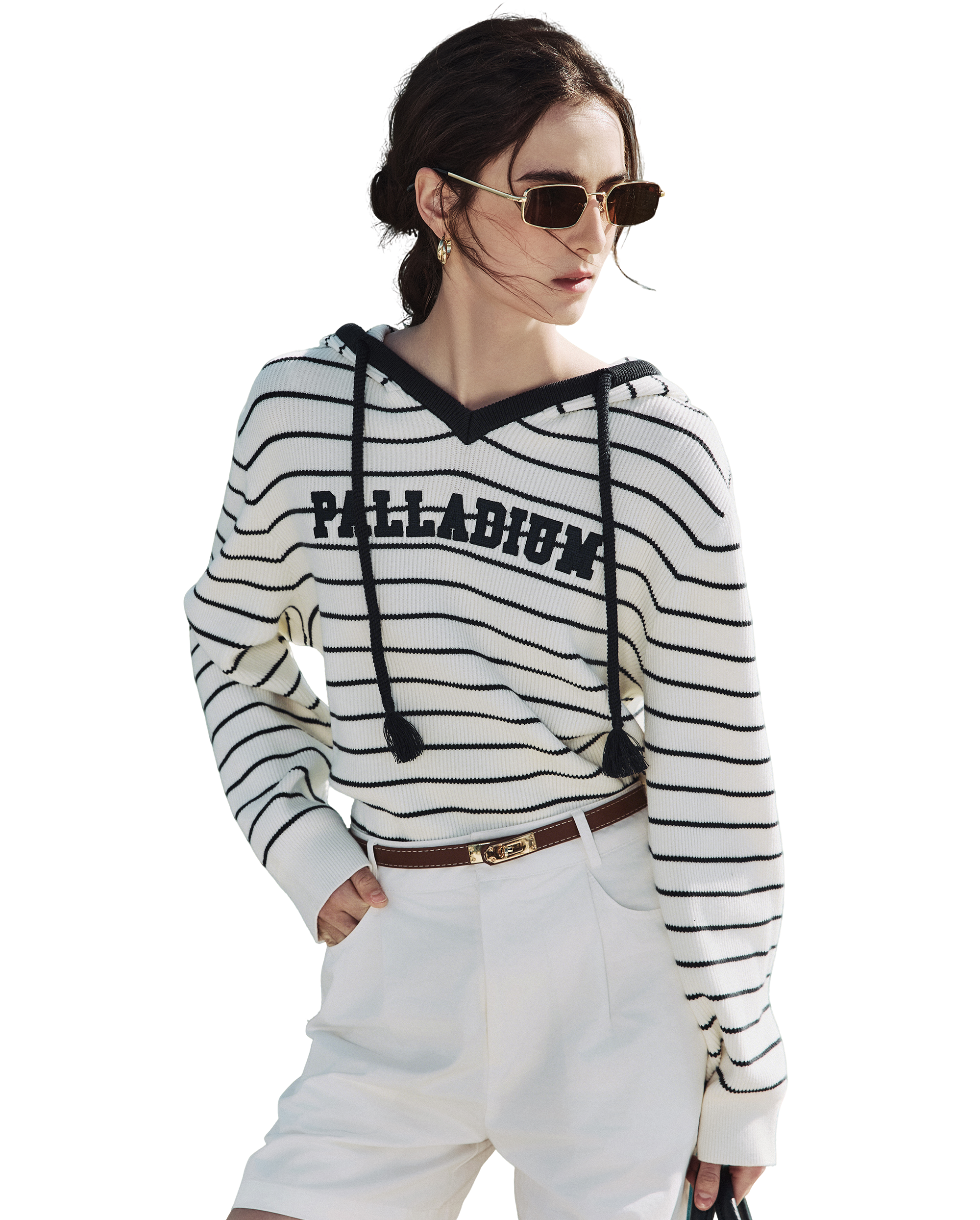 1912852-112 | WOMEN'S DROPPED SHOULDERS STRIPED HOODED KNITWEAR | WHITE/NAVY