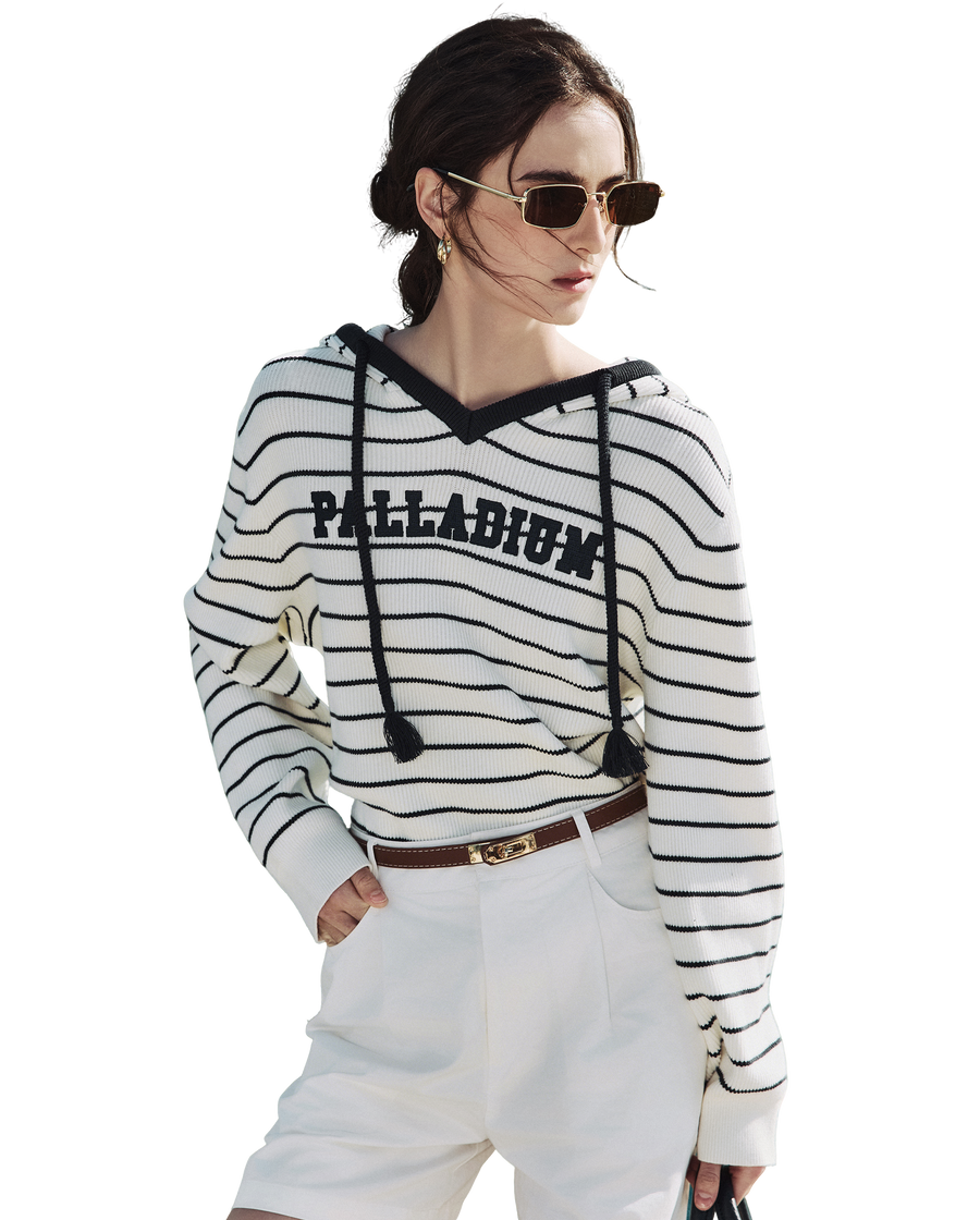 1912852-112 | WOMEN'S DROPPED SHOULDERS STRIPED HOODED KNITWEAR | WHITE/NAVY