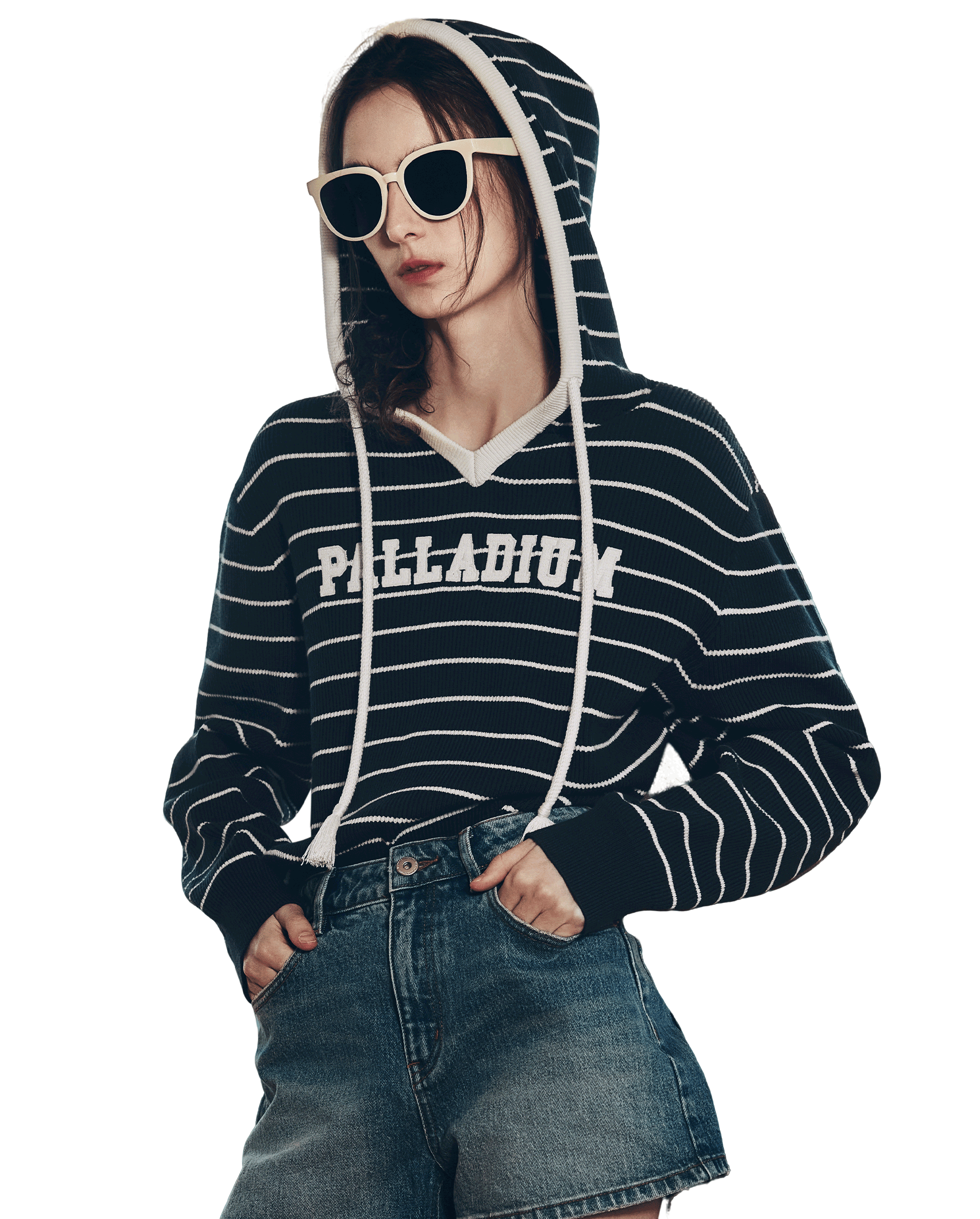 1912852-571 | WOMEN'S DROPPED SHOULDERS STRIPED HOODED KNITWEAR | BU/BK/WT
