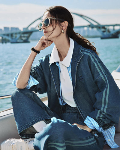 1912869-481 | WOMEN'S SIDE STRIPE LOOSE FIT CROPPED DENIM JACKET | VINTAGE INDIGO