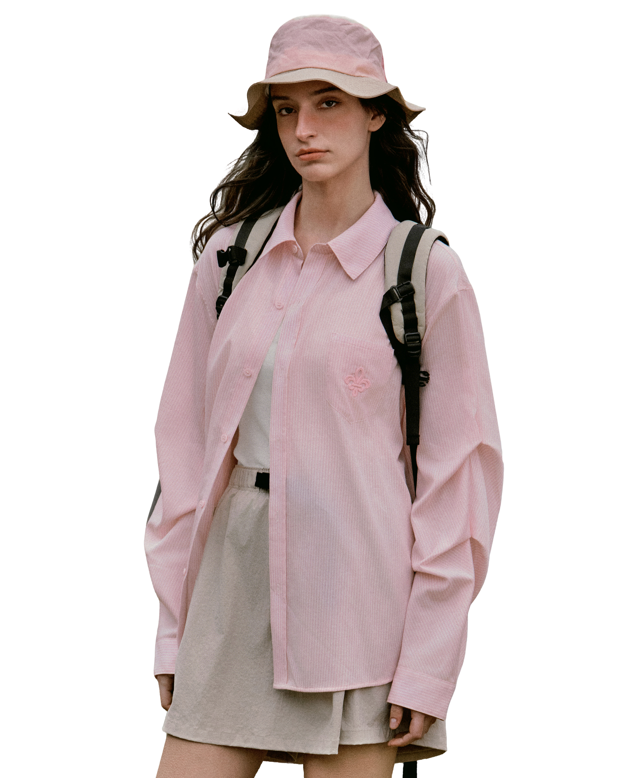 1913034-645 | WOMEN'S IRIS LOGO LOOSE FIT VERTICAL STRIPED SHIRT | BRIDAL ROSE