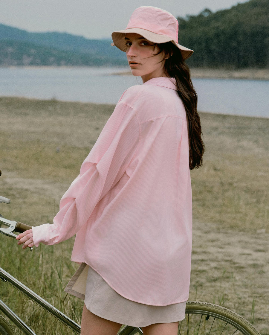 1913034-645 | WOMEN'S IRIS LOGO LOOSE FIT VERTICAL STRIPED SHIRT | BRIDAL ROSE