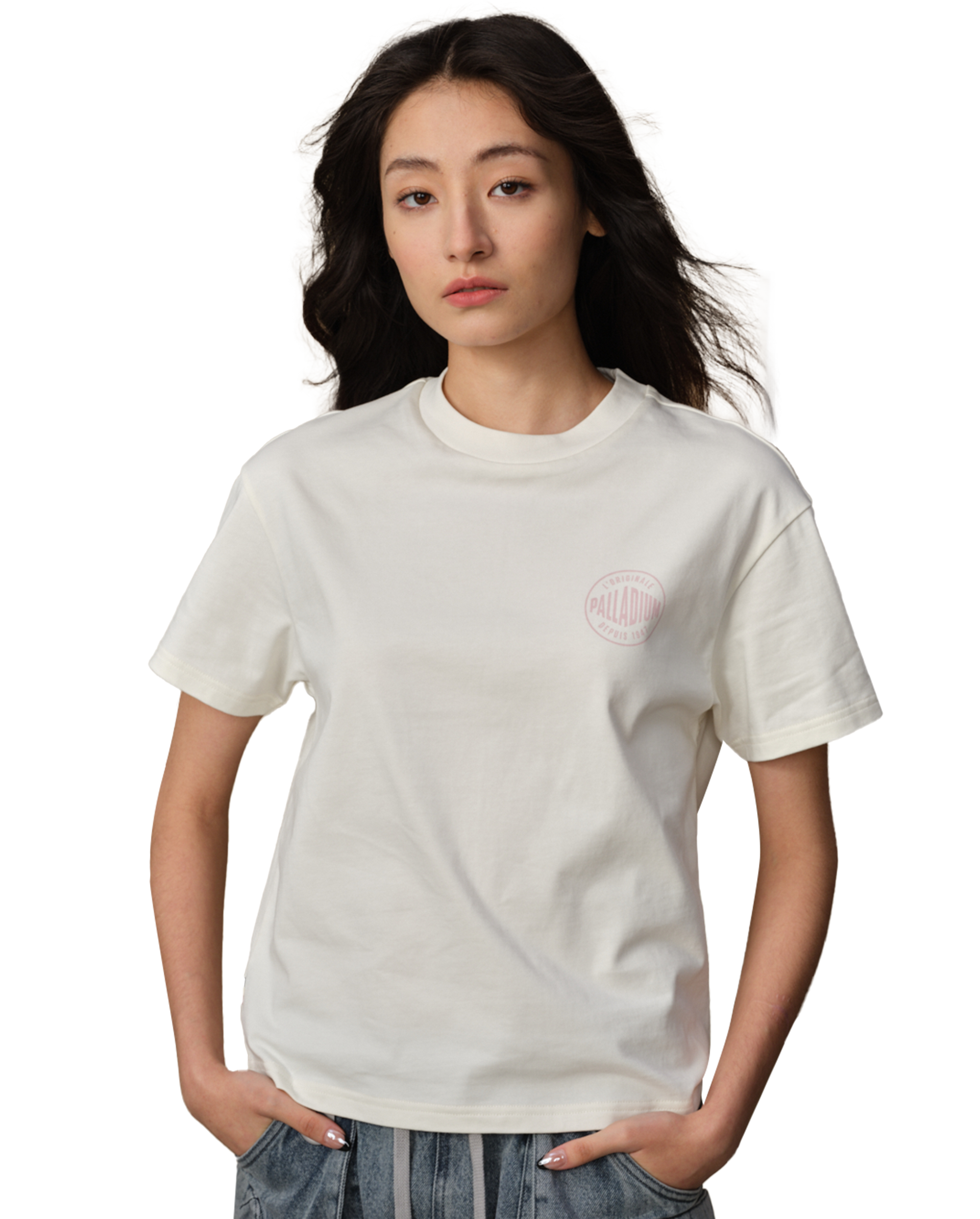 199745-262 | WOMEN'S PALLADIUM LOGO COTTON T-SHIRT | MARSHMALLOW