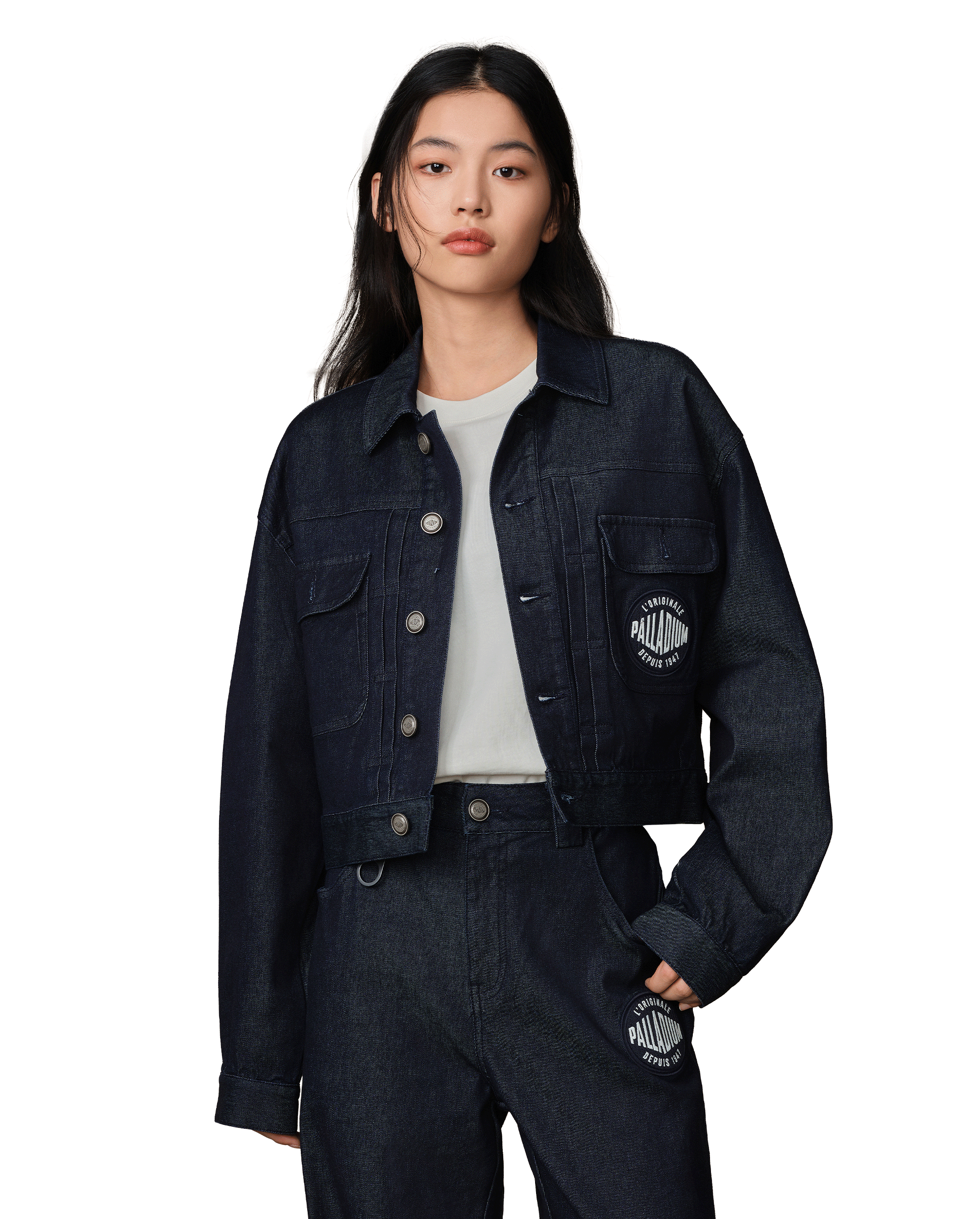 199757-467 | WOMEN'S PALLADIUM LOGO CROPPED DENIM JACKET | SKY CAPTAIN